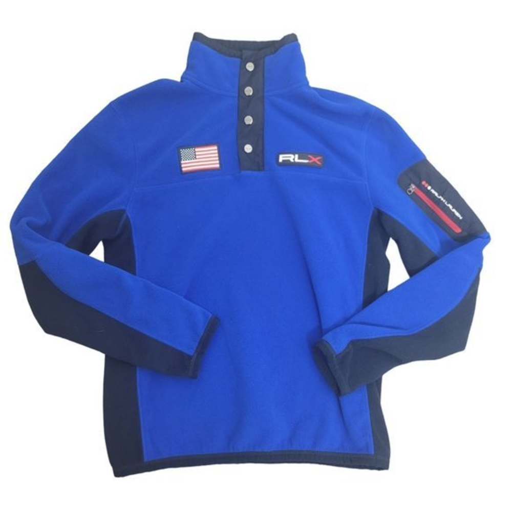 RLX Ralph Lauren MEns Small Blue Spell-out Shawl Pullover Sweatshirt Black Label